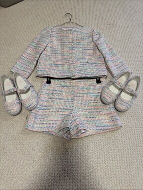 Pastel Multicolor Tweed Jacket and Shorts Set with Matching Mary Janes